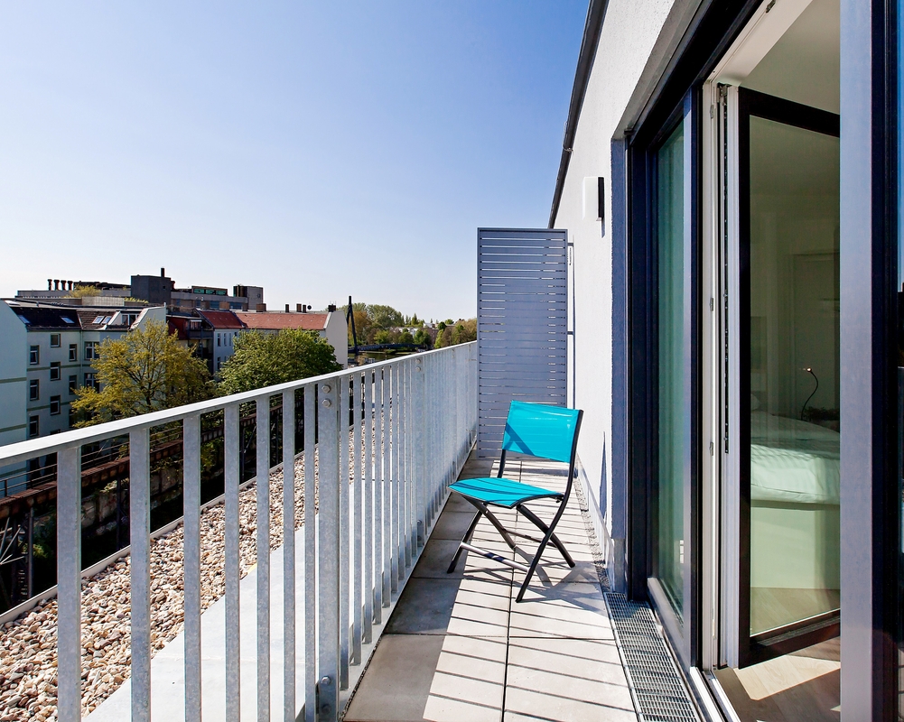 Balkon und Blick vom Penthouse Apartment, Serviced Apartments SPREEPOLIS Berlin